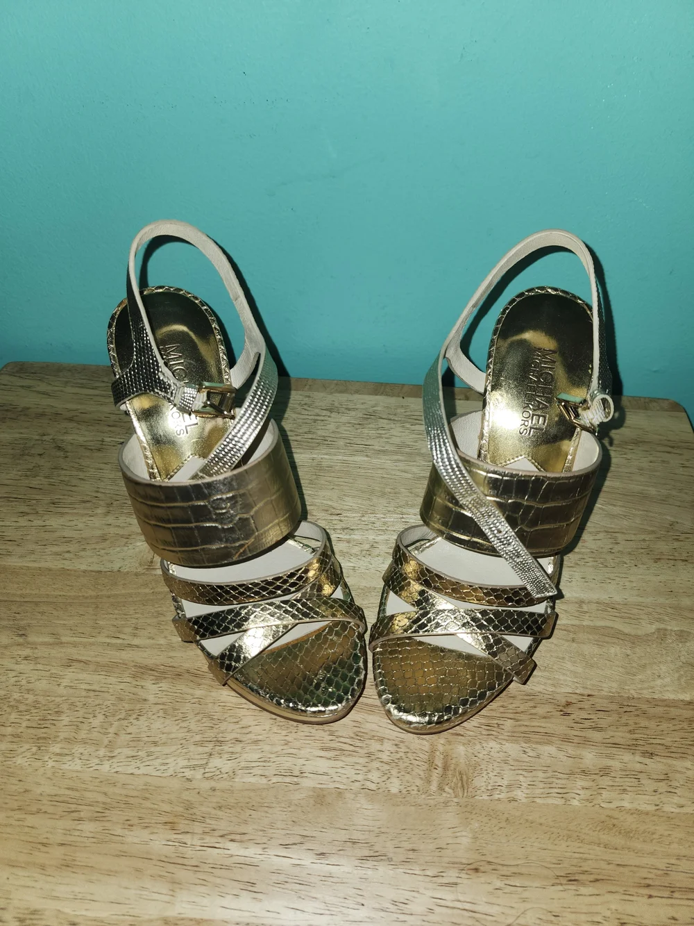 Michael Kors Gold Croc-Embossed Platform Sandals with Strappy Detail